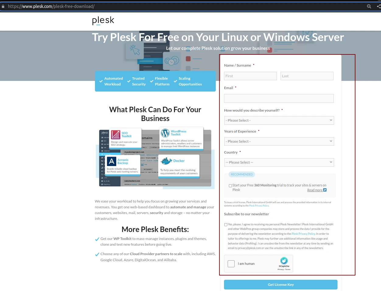 Create Free Plesk license